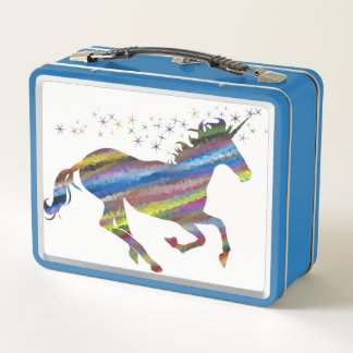 Lunch Box Gamelle bleue et blanche en métal de licorne