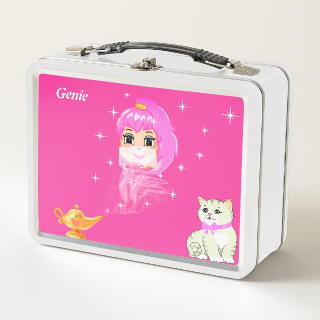 Lunch Box Génie mignon, lampe magique, chat & étoiles en ros (Devant)