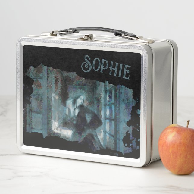 Lunch Box Ghost Girl in Blue – Haunting Surreal Art (En situation)
