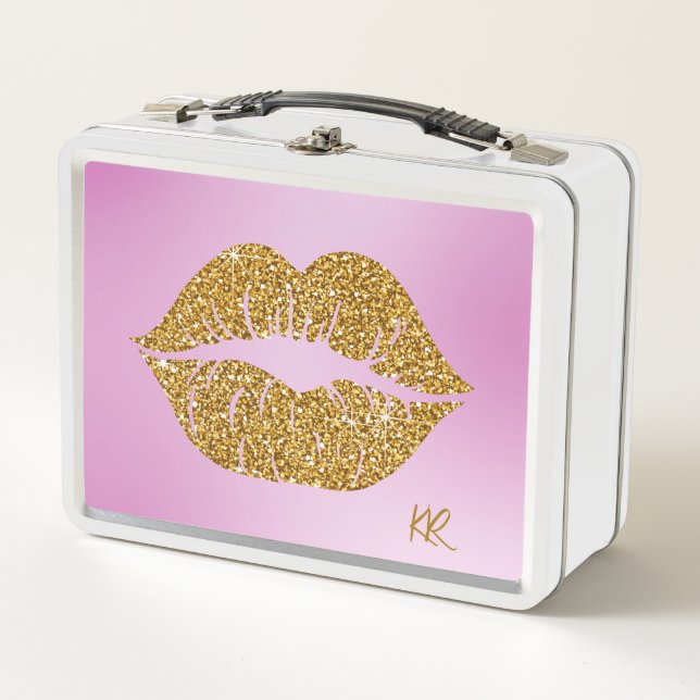 Lunch Box Gold Glitter Lips Sparkle Pink BG Initials (Devant)