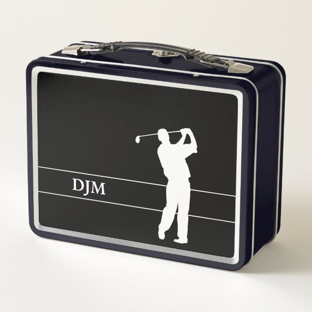 Lunch Box Golfeur en silhouette blanche monogramme sur noir  (Dos)