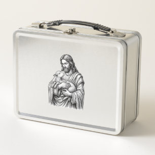 Lunch Box Gravure Vintage Berger Tenant un Agneau Vecteur Dé