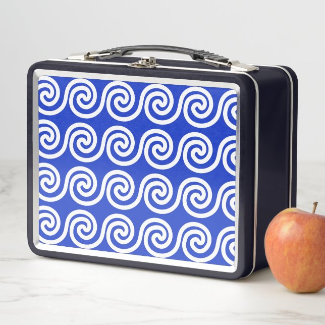 Lunch Box Grec Meander Key Waves Motif Bleu (En situation)