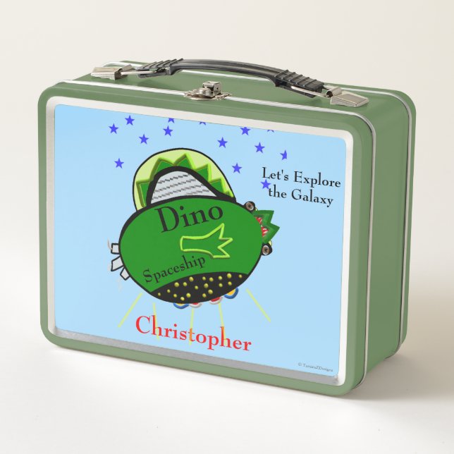 Lunch Box Green Dinosaur vaisseau spatial Yeux Brown Étoiles (Devant)