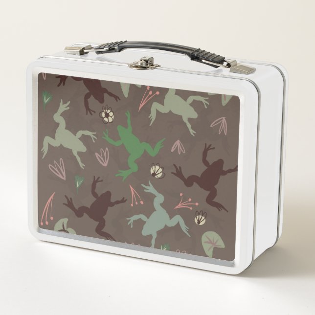 Lunch Box Grenouilles mignonnes et motif floral vert marron (Devant)