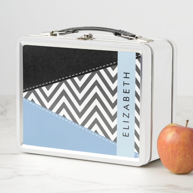 Lunch Box Grey Zigzag, Grey Chevron, Bleu, Votre Nom (En situation)