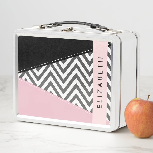 Lunch Box Grey Zigzag, Grey Chevron, Rose, Votre Nom (En situation)