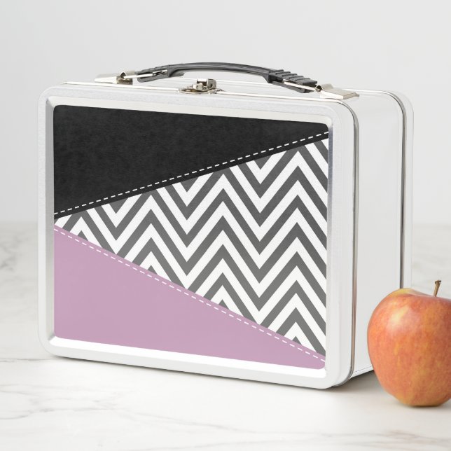 Lunch Box Gris Zigzag, Gris Chevron, Motif Zigzag, Violet (En situation)