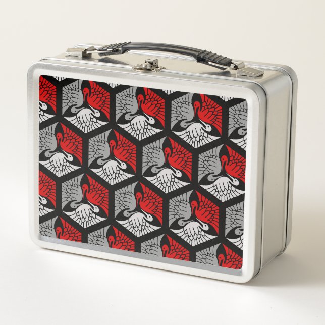 Lunch Box Grues japonaises, rouge, gris / gris / noir (Devant)