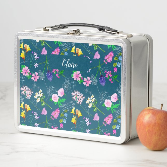 Lunch Box Hand-painted watercolour flowers on a deep blue (En situation)
