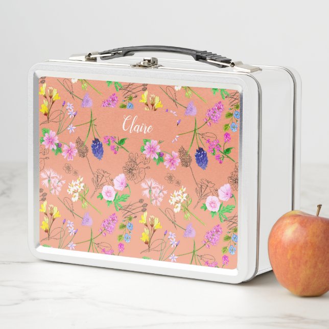 Lunch Box Hand-painted watercolour flowers on a peach  (En situation)