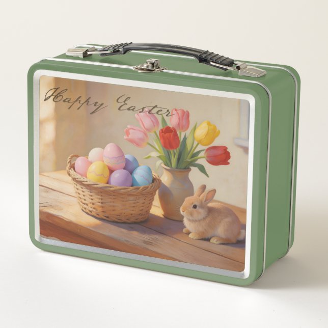 Lunch Box Happy Easter with Colorful Eggs and Tulips (Devant)