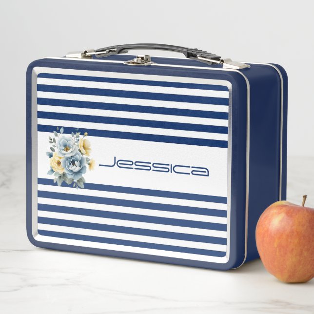 Lunch Box Haut blanc avec bandes bleues Floral (En situation)
