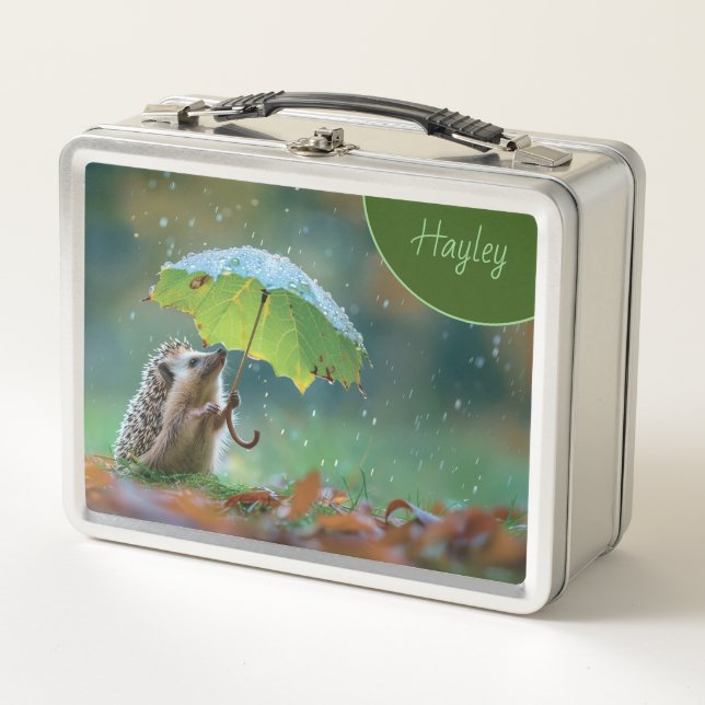 Lunch Box Hérisson mignon tenant un parapluie de feuilles (Devant)