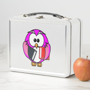 Lunch Box hibou rose et blanc tenant des livres scolaires