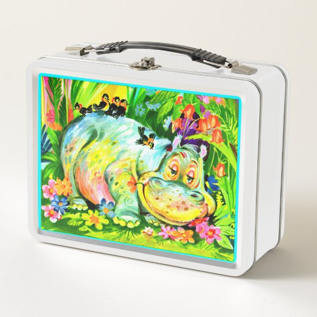 Lunch Box hippopotame et oiseaux aux couleurs vives (Devant)