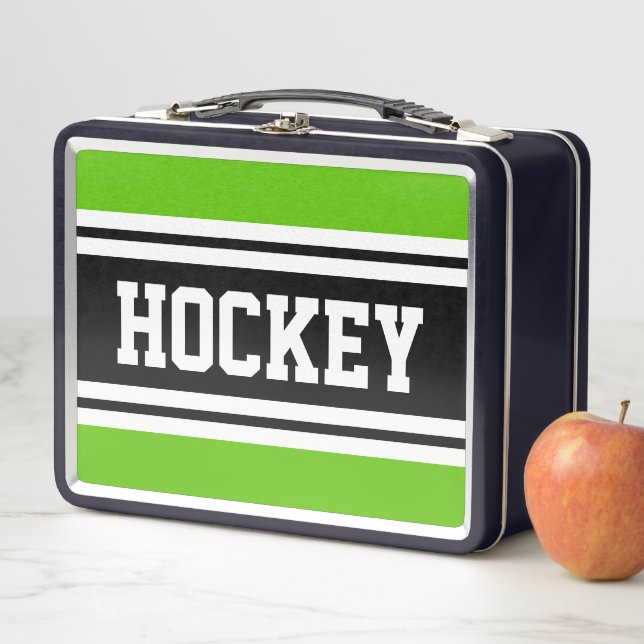 Lunch Box HOCKEY Sporty Black White Green Racing Stripes (En situation)