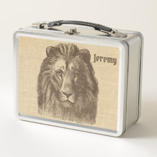 Lunch Box Illustration vintage de Lion sur Burlap Personnali