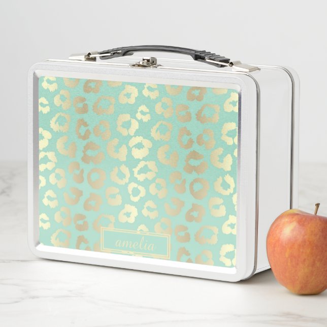 Lunch Box Imprimé léopard doré vert menthe féminin personnal (En situation)