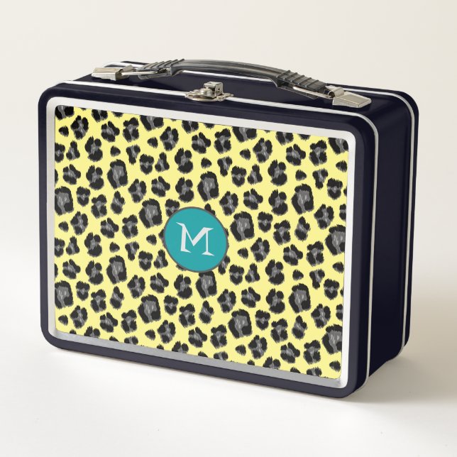 Lunch Box Imprimé léopard jaune et gris monogrammé (Devant)