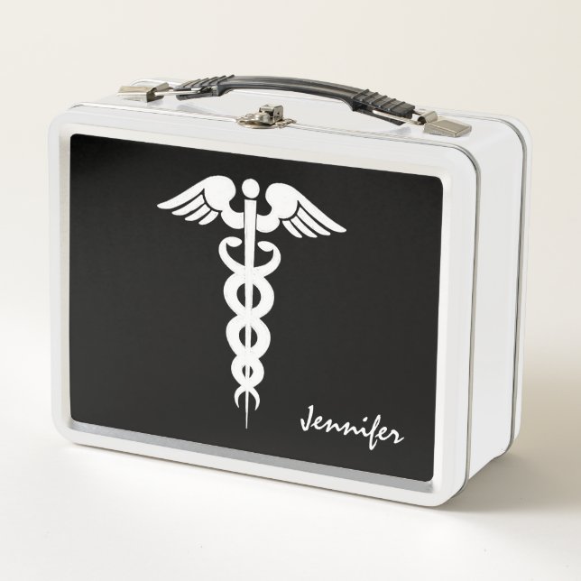 Lunch Box Infirmière Docteur Médicale Caduceus Coutume Noir  (Devant)