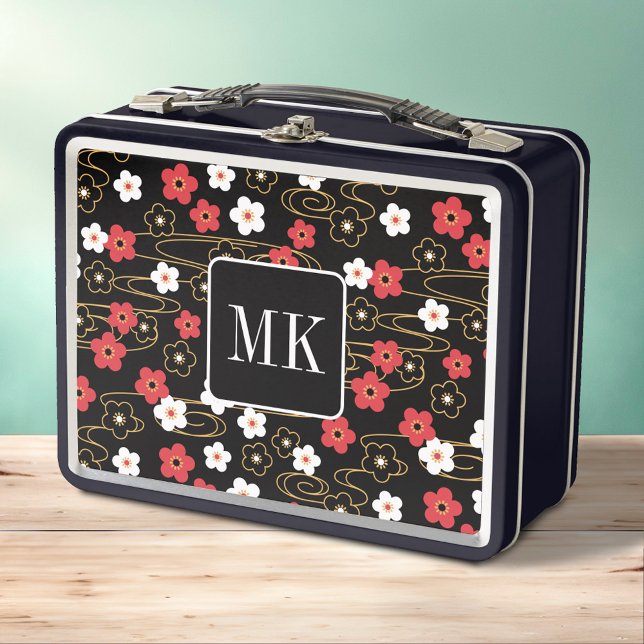 Lunch Box Initiales du monogramme noir Sakura en fleurs (Créateur téléchargé)
