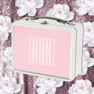 Lunch Box Initiales Monogramme Blanc Sur Rose Clair