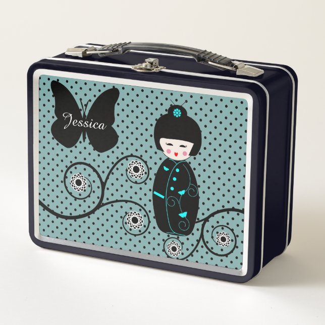 Lunch Box Japanese Doll Polka Dot Personalised (Devant)