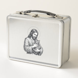 Lunch Box Jésus vintage tenant un chat gravure graphique_1