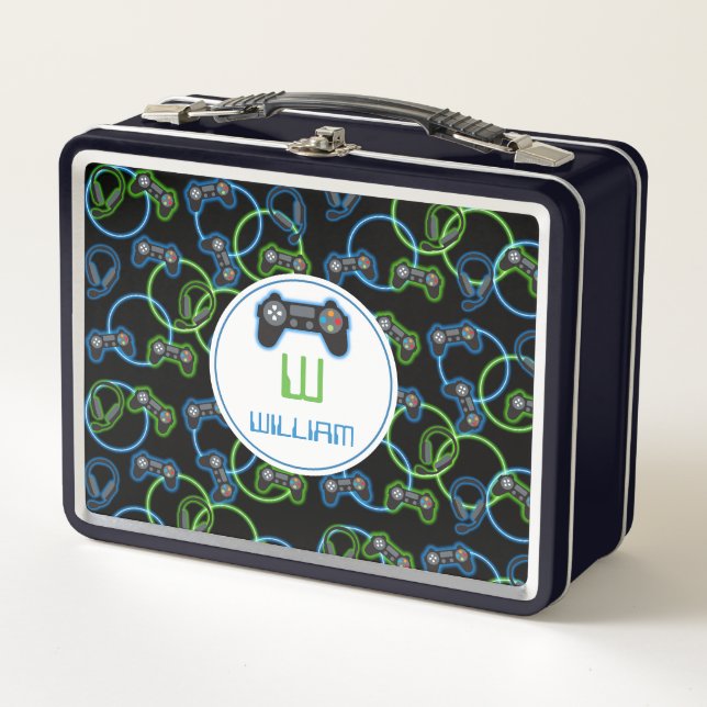 Lunch Box Jeu vidéo Neon Blue & Green Motif Monogramme (Devant)