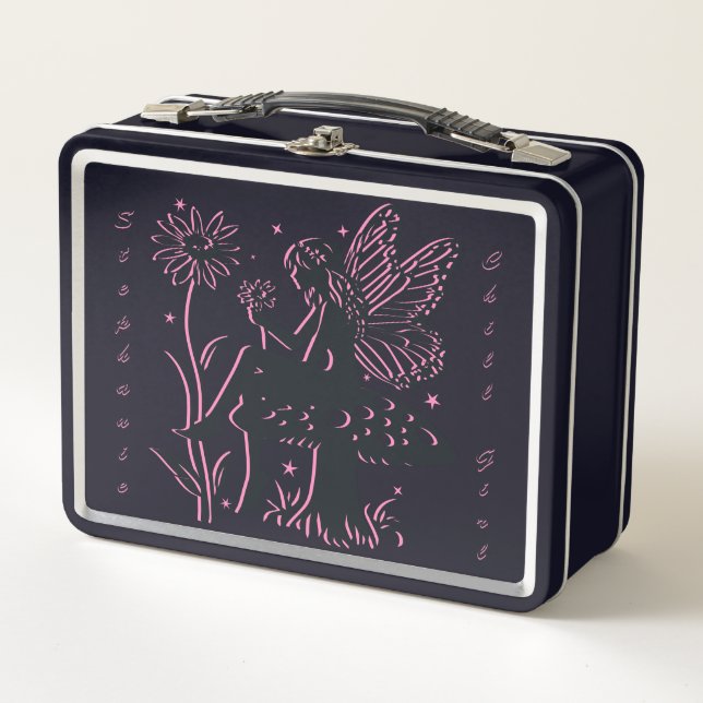 Lunch Box Joli champignon et fleur de fée noir et rose (Devant)