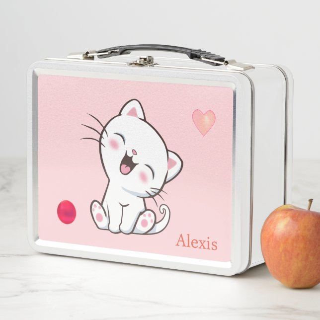 Lunch Box Joli Chat Blanc & Cœur sur Rose Clair (En situation)
