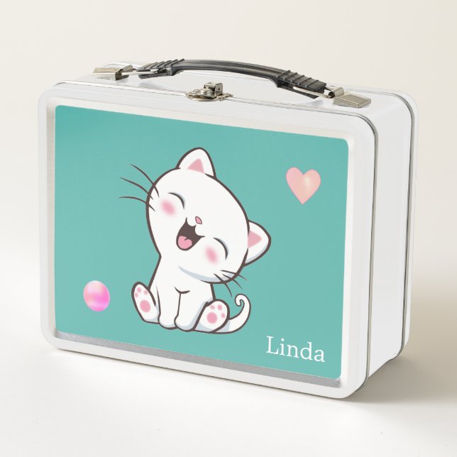 Lunch Box Joli Chat Blanc & Cœur sur Teal (Devant)