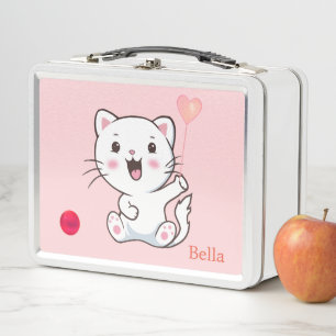 Lunch Box Joli chat blanc et ballon en forme de cœur sur fon