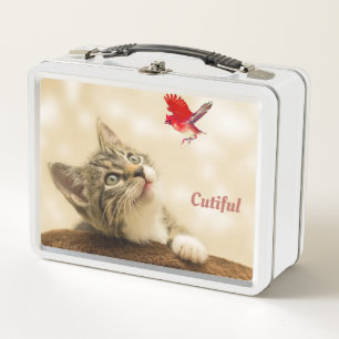 Lunch Box Joli chat tabby et oiseau rouge