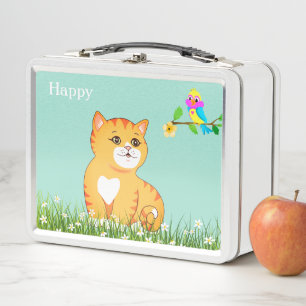 Lunch Box Joli chat tabby heureux & petit oiseau