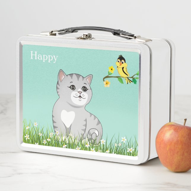 Lunch Box Joli chat tabby heureux & petit oiseau sur fond bl (En situation)
