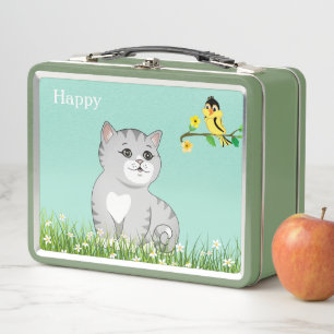 Lunch Box Joli chat tabby heureux & petit oiseau sur fond bl