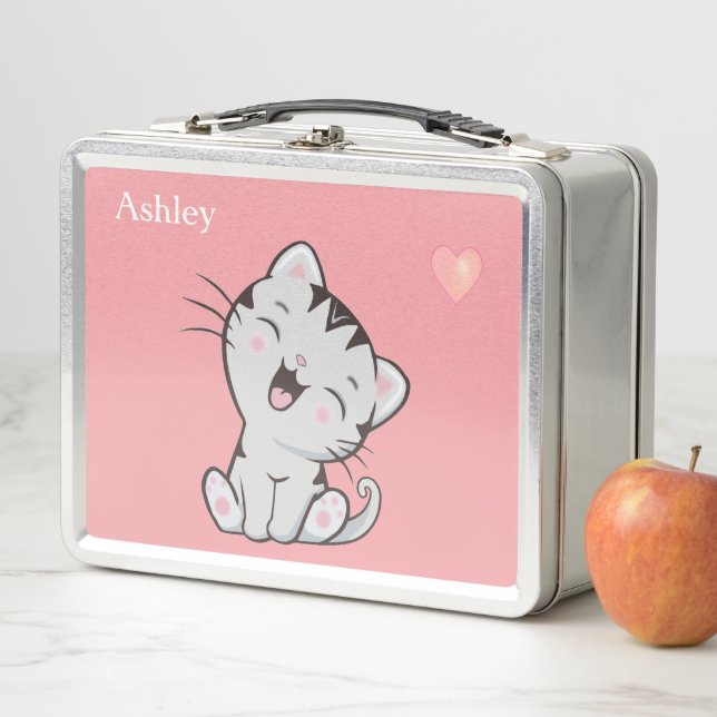 Lunch Box Joli chat tigré & cœur sur fond rose clair (En situation)