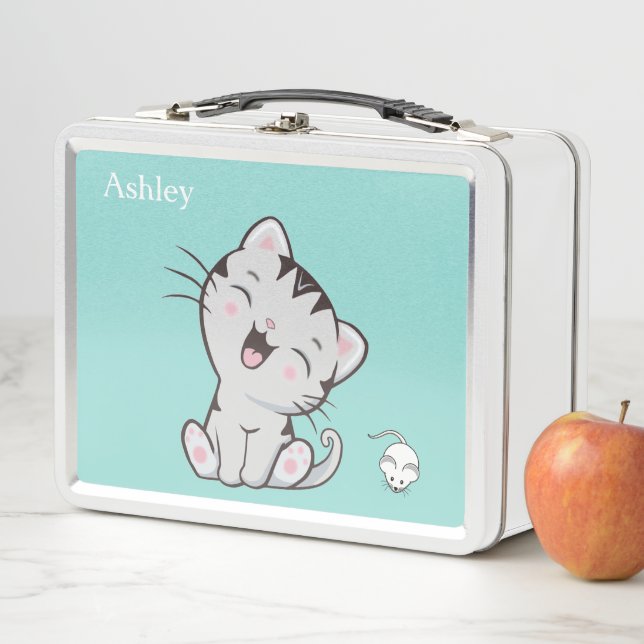 Lunch Box Joli chat tigré & souris sur fond bleu clair (En situation)