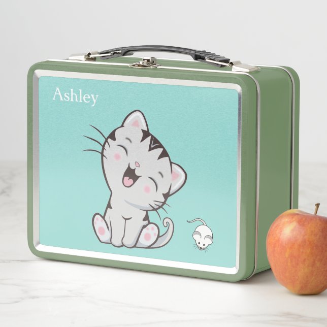 Lunch Box Joli chat tigré & souris sur fond bleu clair (En situation)