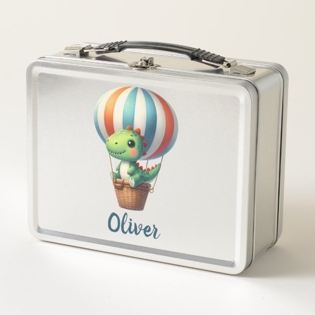 Lunch Box Joli Dino Vert S'envole dans une Montgolfière (Devant)