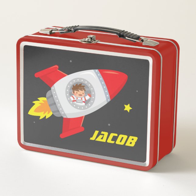 Lunch Box Joli Garçon Astronaute Dans La Fusée Spatiale Nom  (Devant)