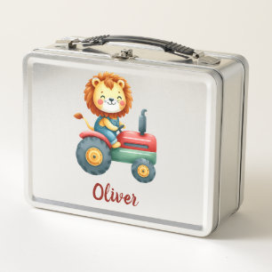 Lunch Box Joli lion fermier sur un tracteur rouge et vert
