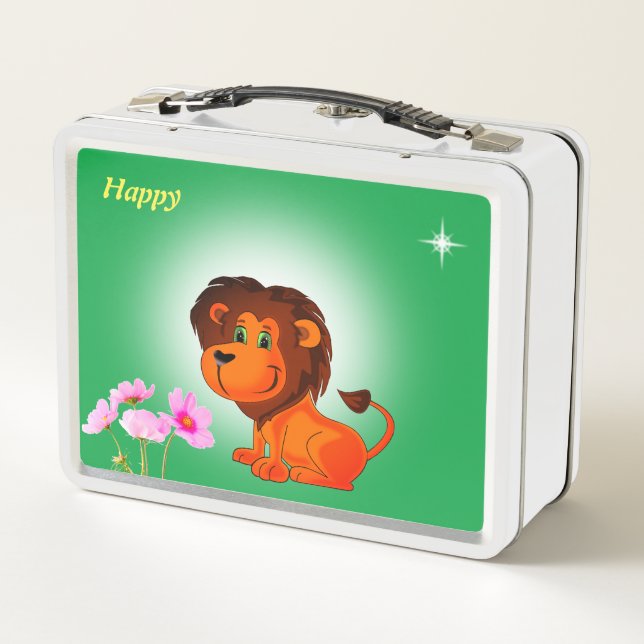 Lunch Box Joli lion, fleurs et étoile sur vert (Dos)