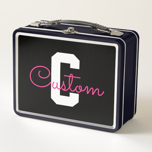 Lunch Box Joli nom et monogramme | Noir Blanc et Rose (Devant)
