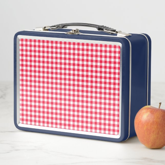 Lunch Box Joli Rouge En vichy Motif Bleu Métal Déjeuner Blox (En situation)