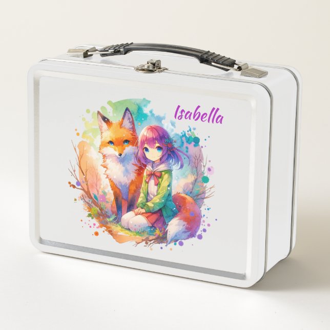 Lunch Box Jolie aquarelle Anime Girl et Fox (Devant)