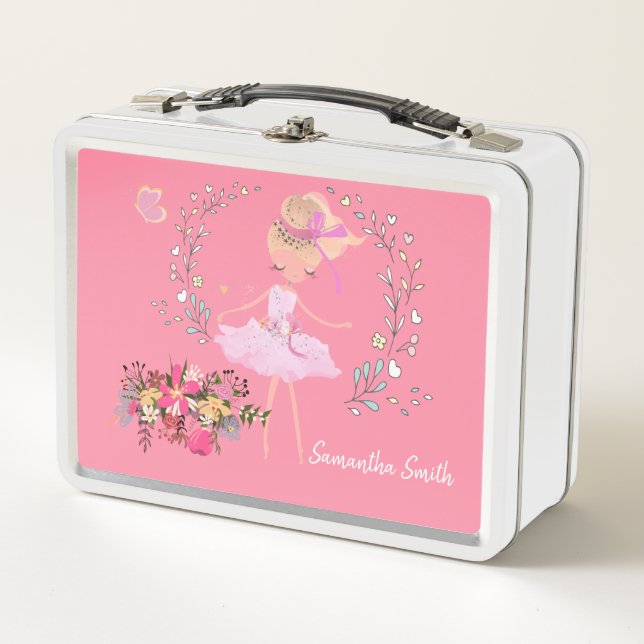 Lunch Box Jolie Ballerina et Fleurs, Nom personnalisé (Devant)