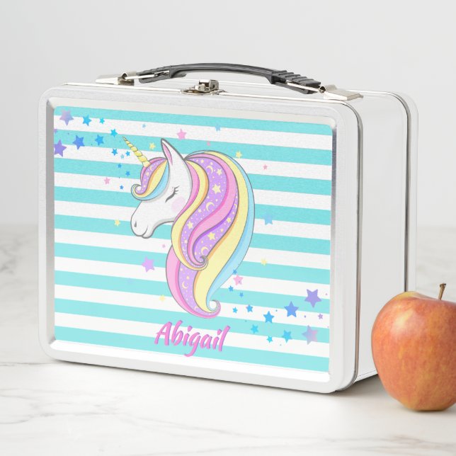 Lunch Box Jolies Licornes Étoiles Holographiques Rayures Aqu (En situation)